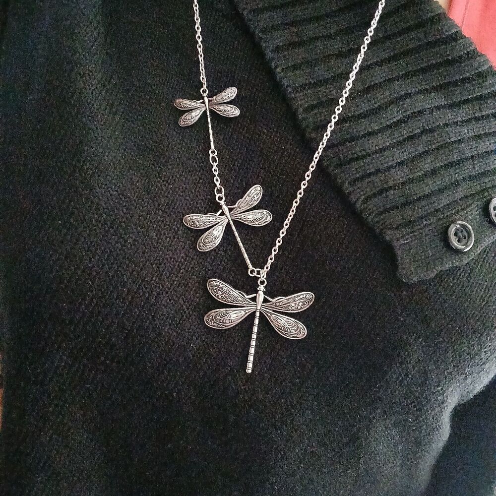 NEW Dragonfly Necklace Costume Jewelry Retro Silvery Pendant Boho Jewelry Gift - Picture 4 of 9